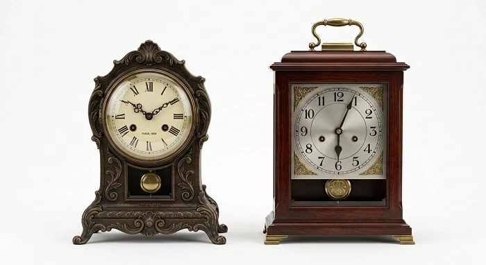Two mantel clocks side by side showing different times, standing for dasha and transit when they do not agree.