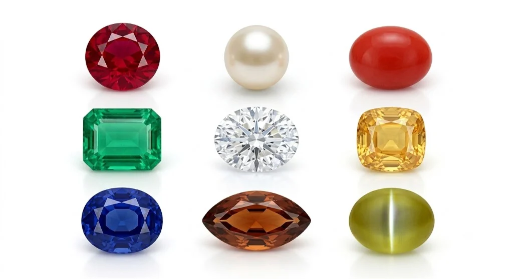 The nine Navaratna gemstones - ruby, pearl, red coral, emerald, diamond, yellow sapphire, blue sapphire, hessonite and cat's eye