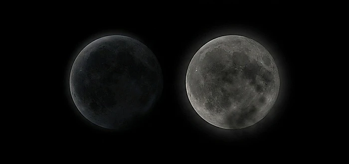 Rahu and Ketu as two opposite discs: one in shadow, one lit. They are the lunar nodes, not physical planets.