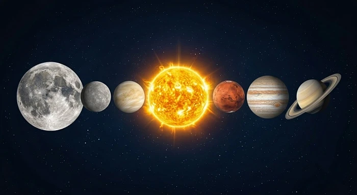 The seven visible grahas: Moon, Mercury, Venus, Sun, Mars, Jupiter and Saturn, in a row against a star field.