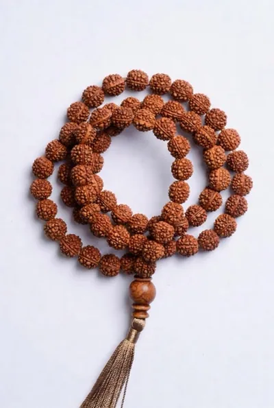 A rudraksha japa mala of 108 prayer beads with a tassel